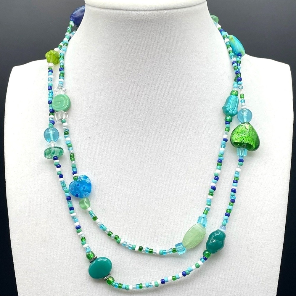 Vintage Teal Fashion Classic African Vinyl Disc Double Stranded Beaded Necklace